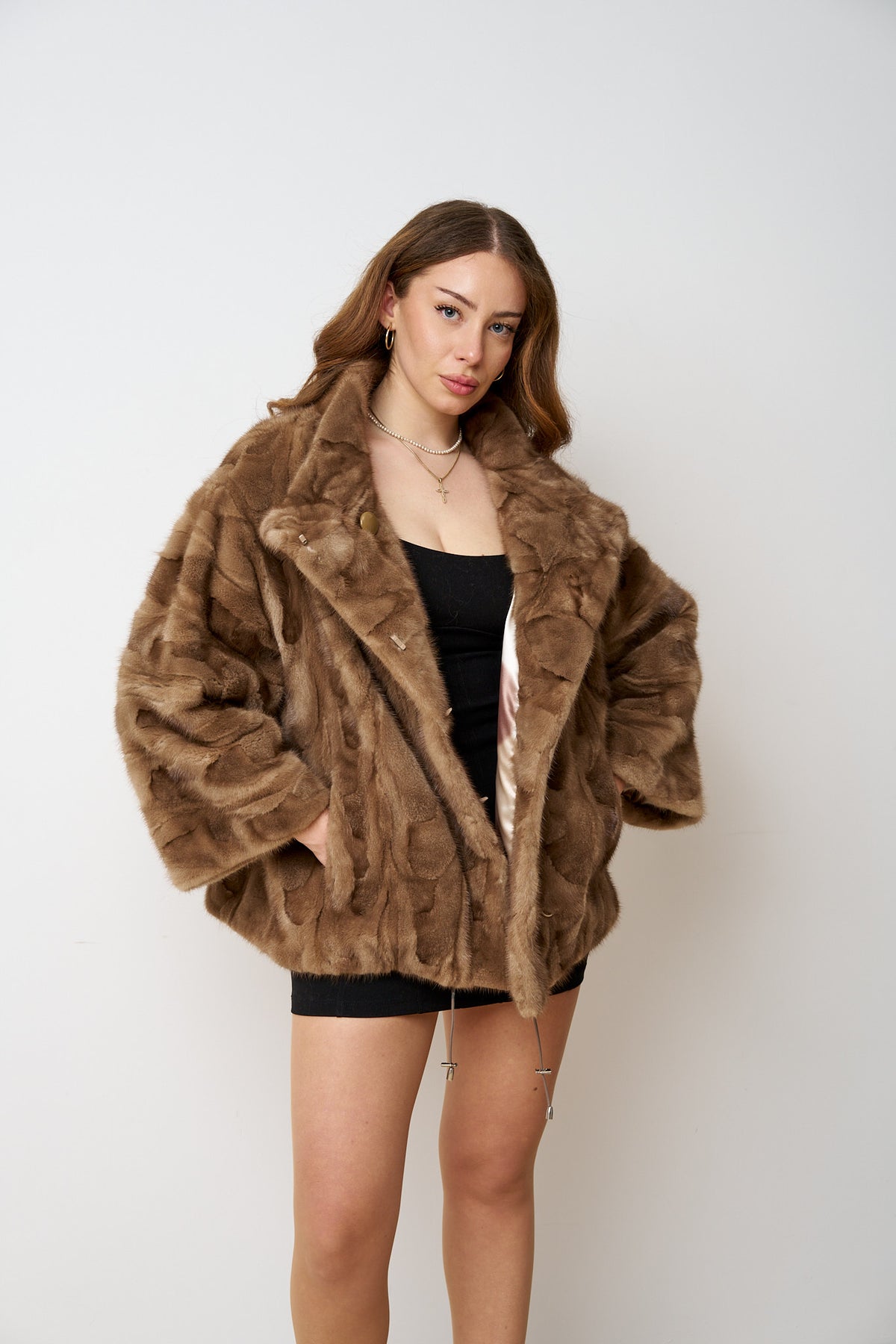 Mantel aus natürlichem Nerzpelz, 3/4-Ärmel, Damen, Pastell 487