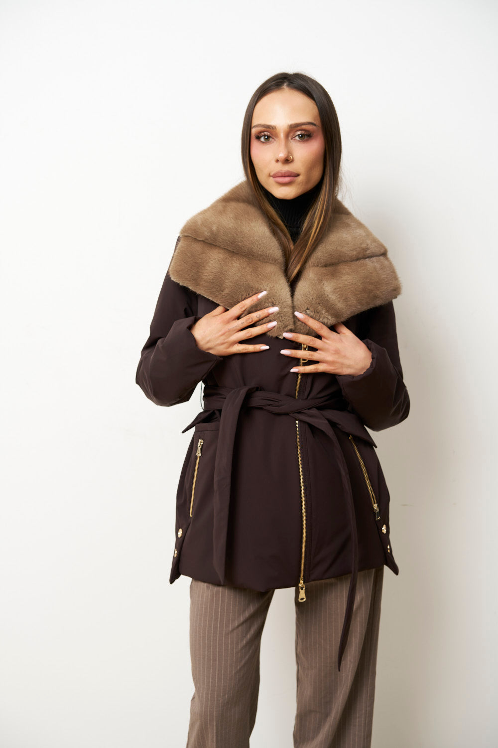 Jacke mit Nerzkragen und Klappe für Damen, Braun, Mareus