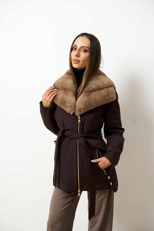 Jacke mit Nerzkragen und Klappe für Damen, Braun, Mareus