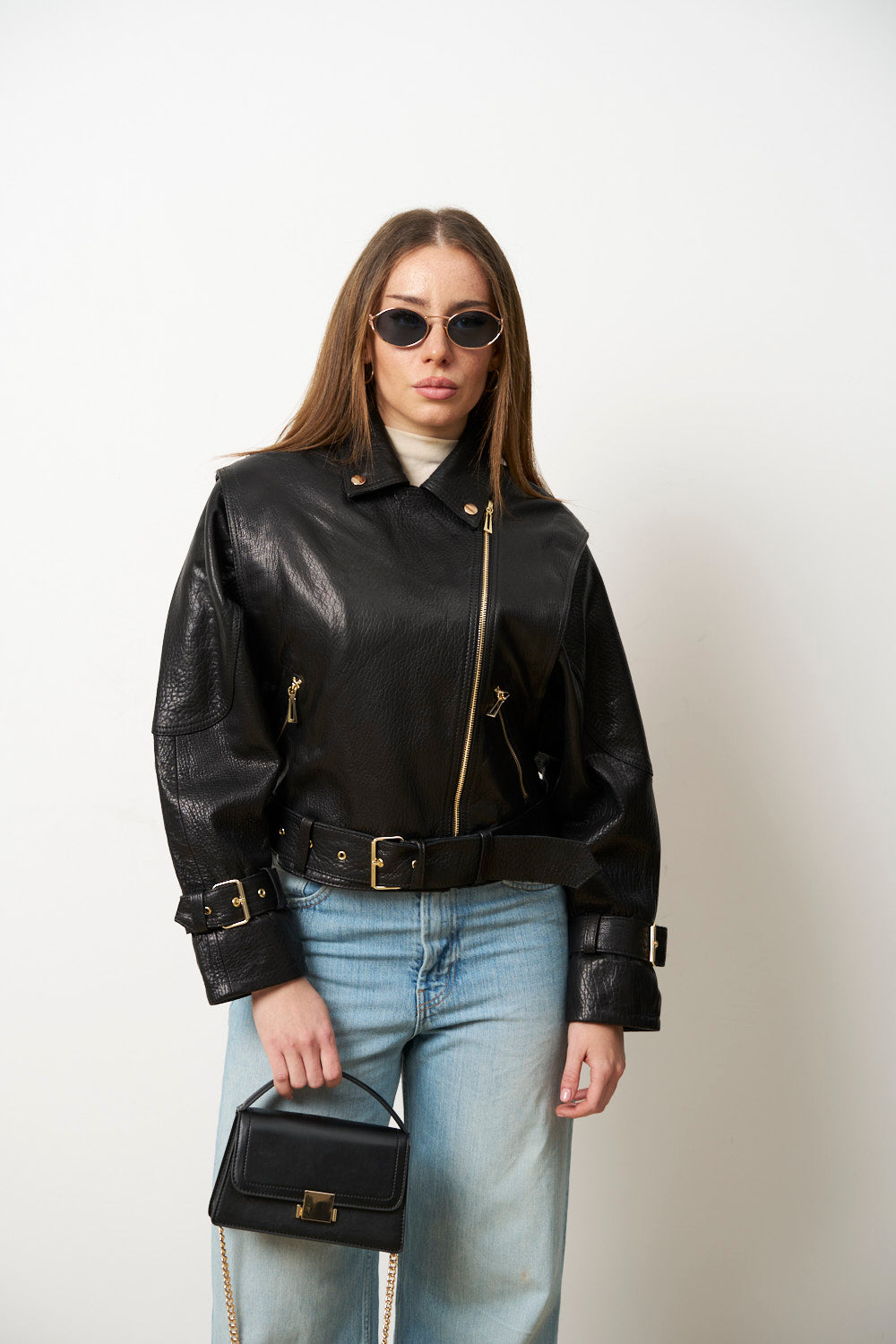 Geacă din Piele Naturală pentru Femei, Oversized, Negru, Mareus