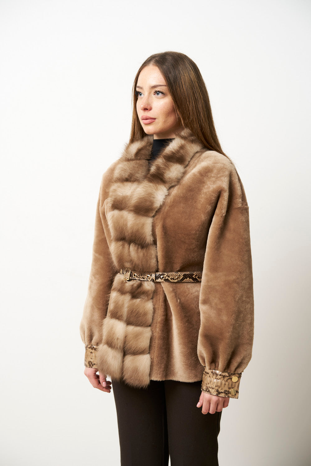 Haina din Blană Naturală de Merinos Spaniol, cu Guler Jder și Accesorii Piele de Piton, Ivory Luxury, Mareus