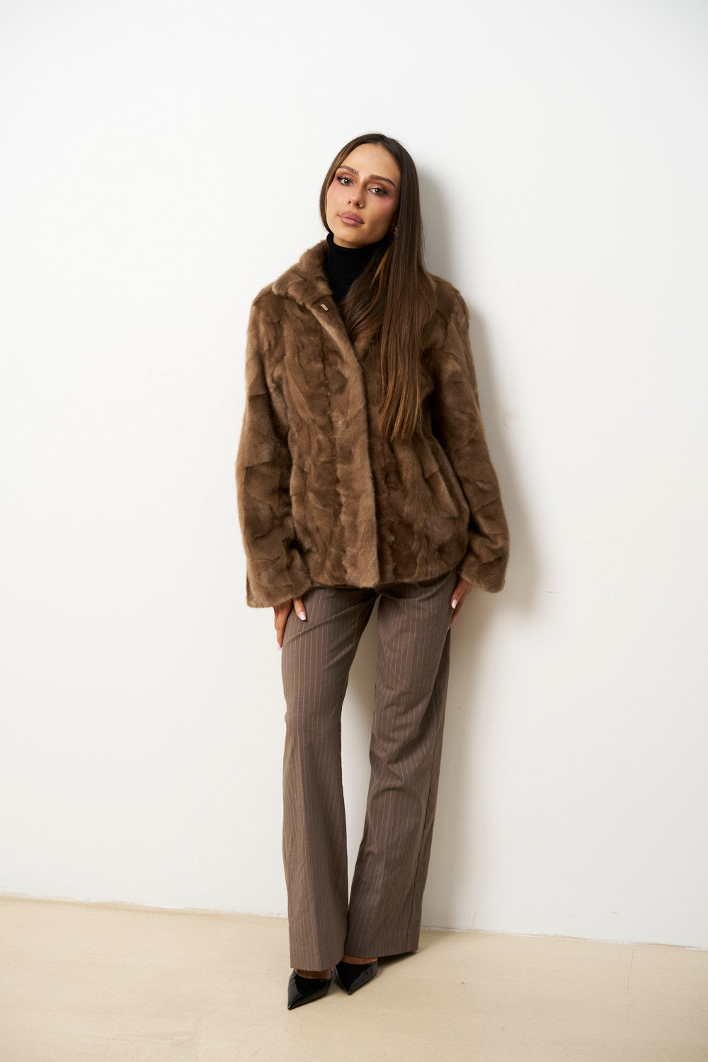 Manteau en Fourrure de Vison Naturel pour Femme, Cambrata, Brun Pastel, Mareus
