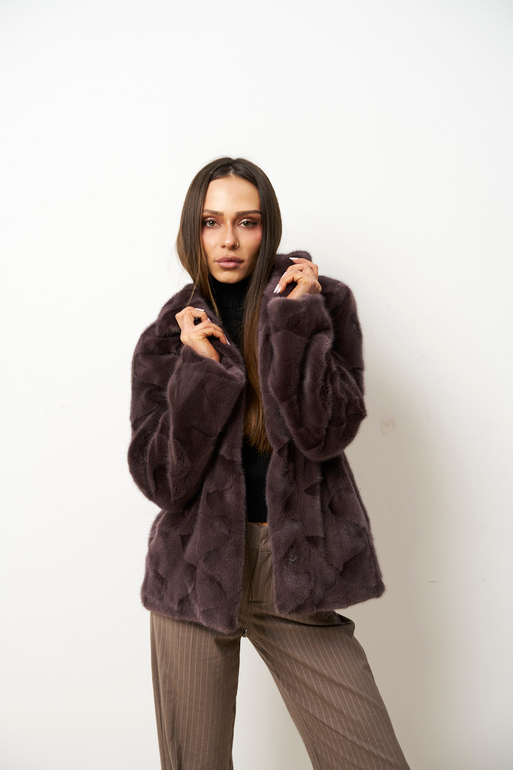 Natural Mink Fur Coat for Women, Cambrata, Powder Purple, Mareus