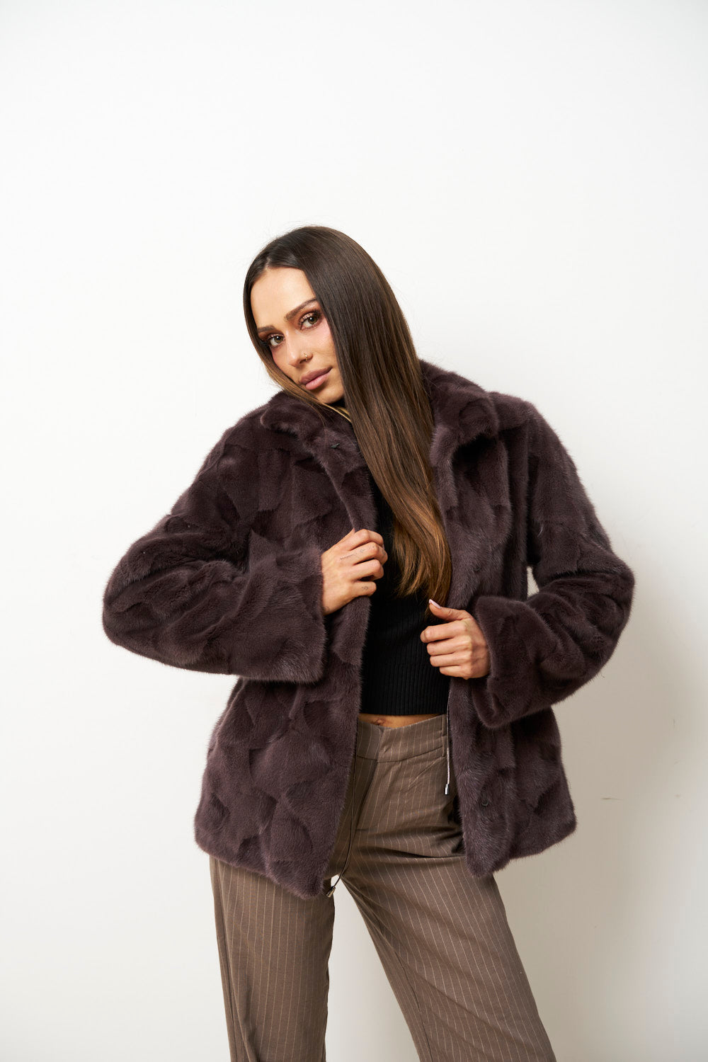 Natural Mink Fur Coat for Women, Cambrata, Powder Purple, Mareus