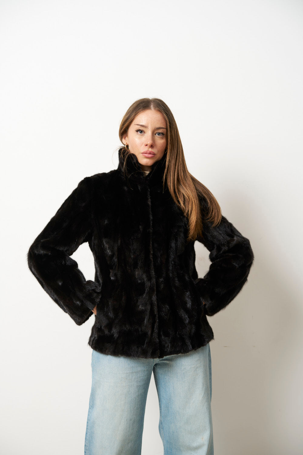 Manteau en Fourrure de Vison Naturelle pour Femme, Noir, Mareus