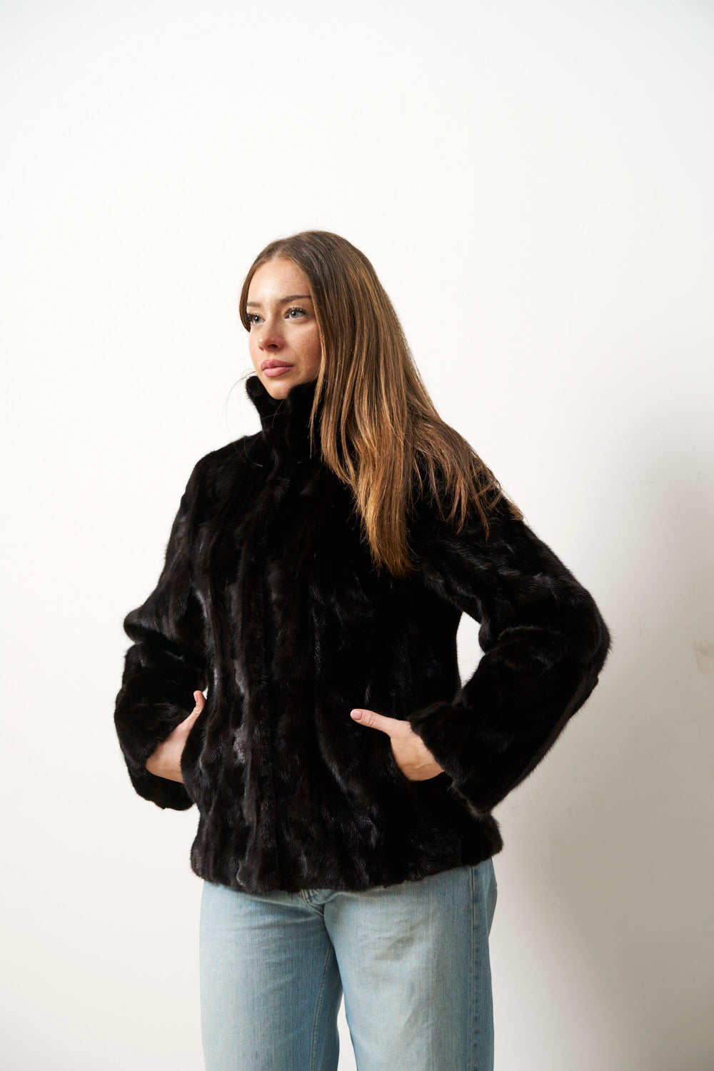 Manteau en Fourrure de Vison Naturelle pour Femme, Noir, Mareus