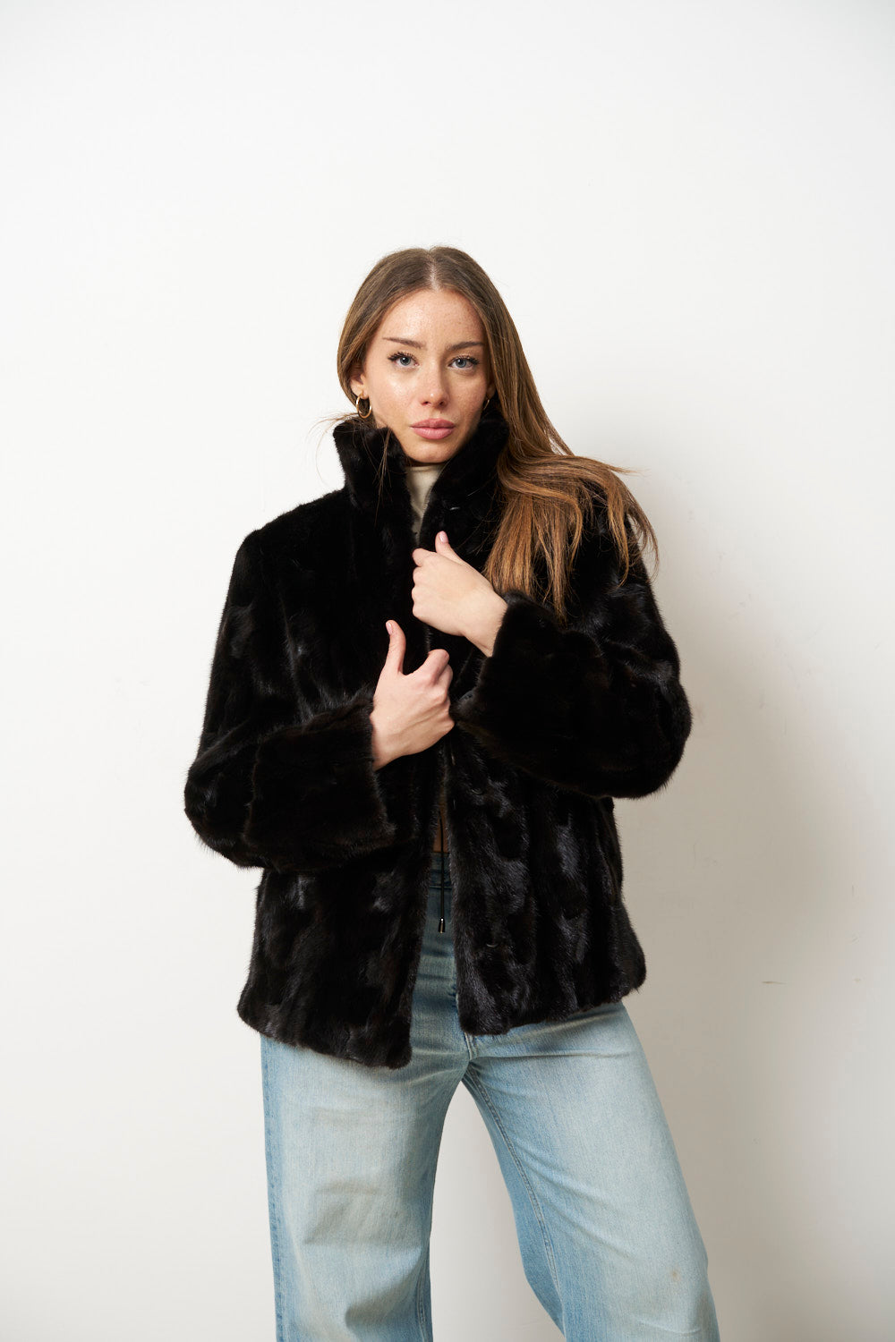 Manteau en Fourrure de Vison Naturelle pour Femme, Noir, Mareus