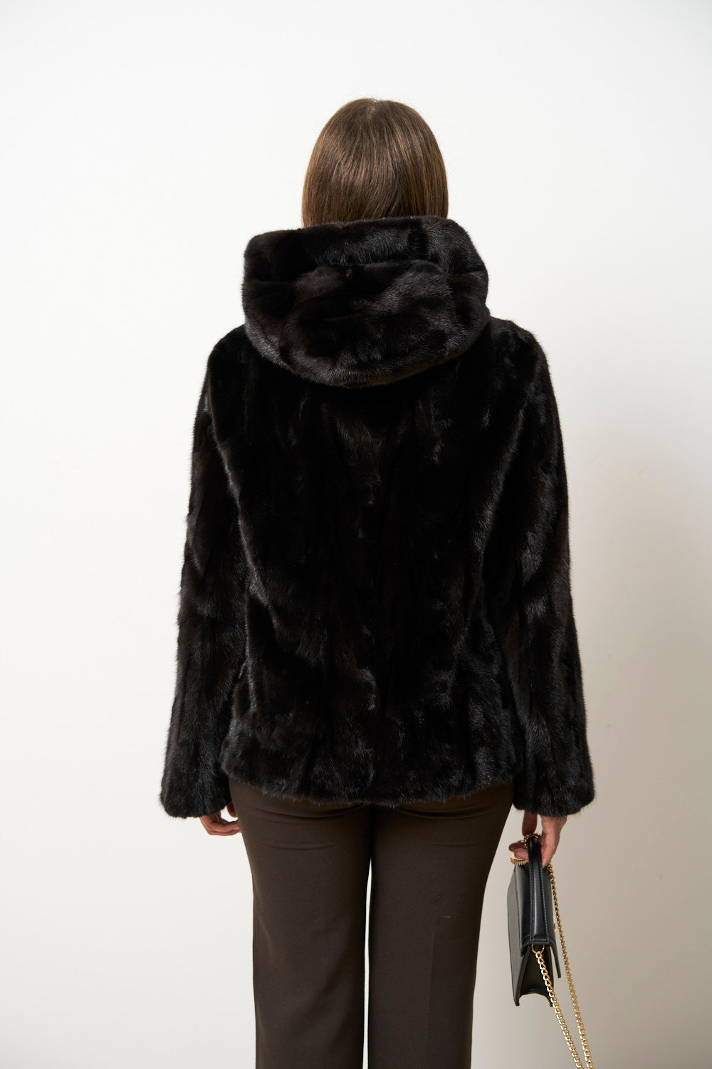 Natürlicher Nerzpelzmantel mit Kapuze für Damen, Cambrata, Schwarz, Mareus
