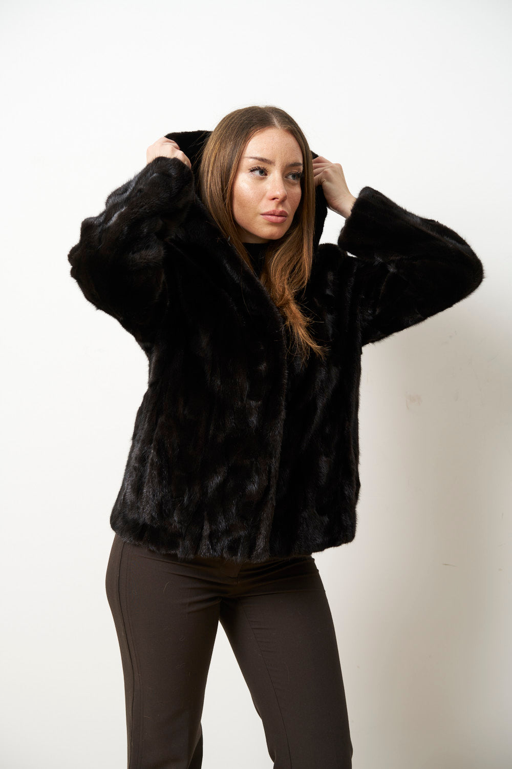 Natürlicher Nerzpelzmantel mit Kapuze für Damen, Cambrata, Schwarz, Mareus