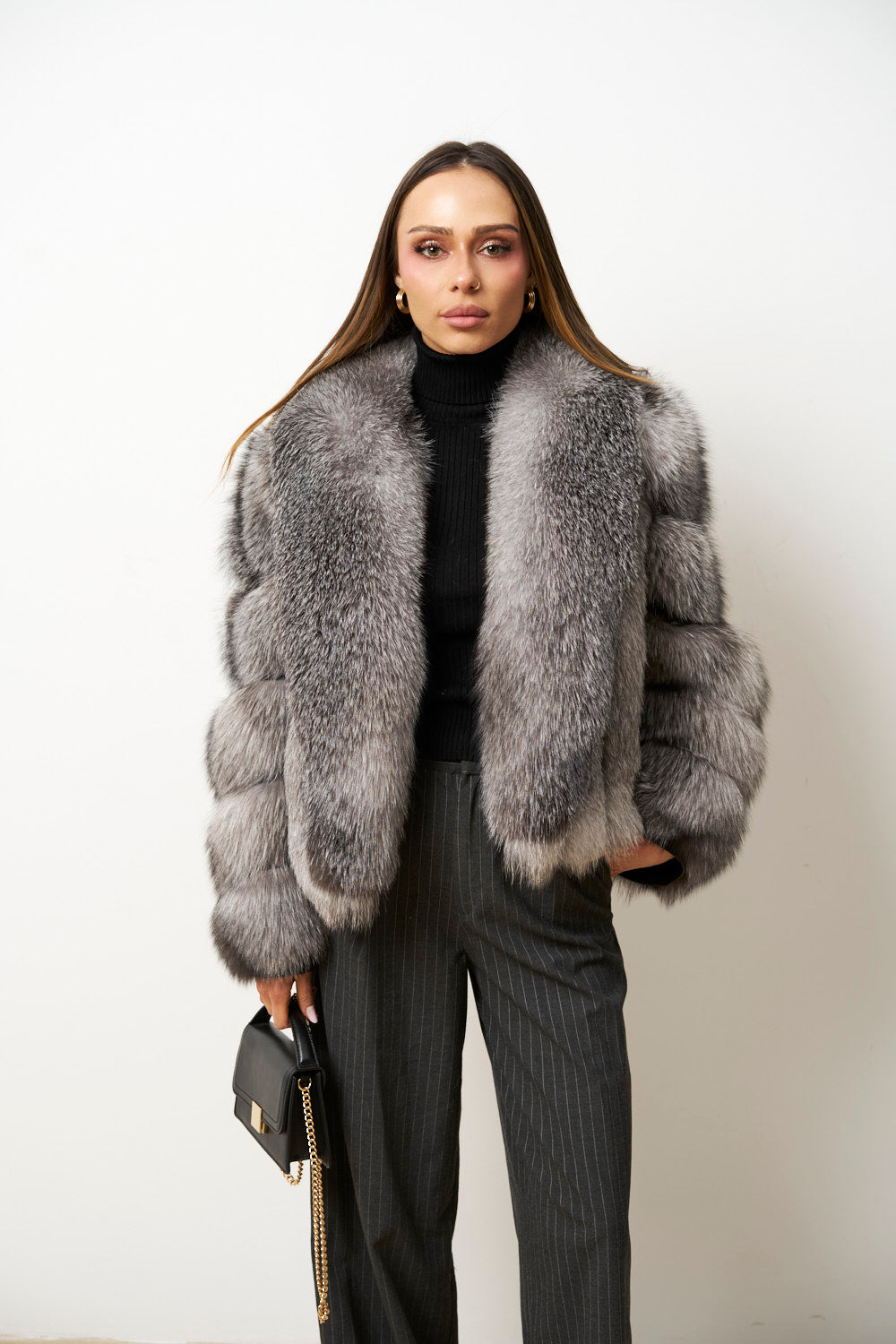 Natürlicher Fuchspelzmantel für Damen, Silber, Grau, Mareus