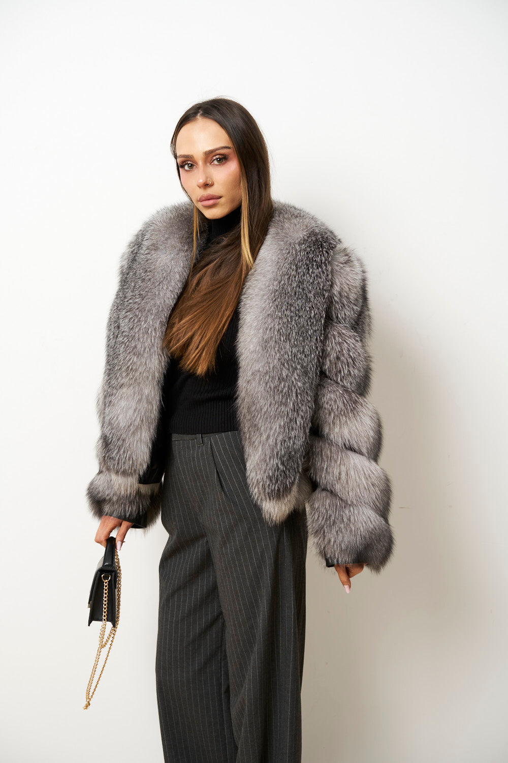 Natürlicher Fuchspelzmantel für Damen, Silber, Grau, Mareus