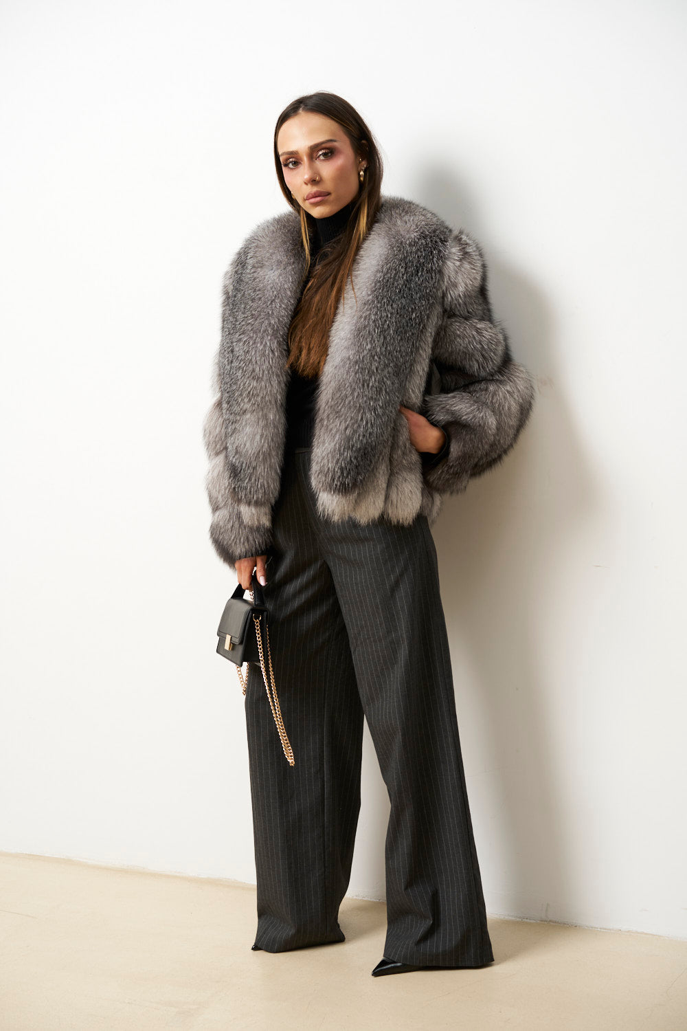 Natürlicher Fuchspelzmantel für Damen, Silber, Grau, Mareus