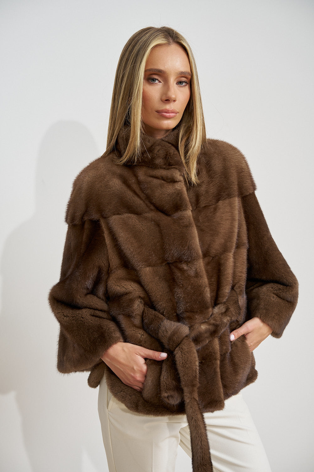 Natural Mink Fur Coat, with Cord, Women, Chocolate 392