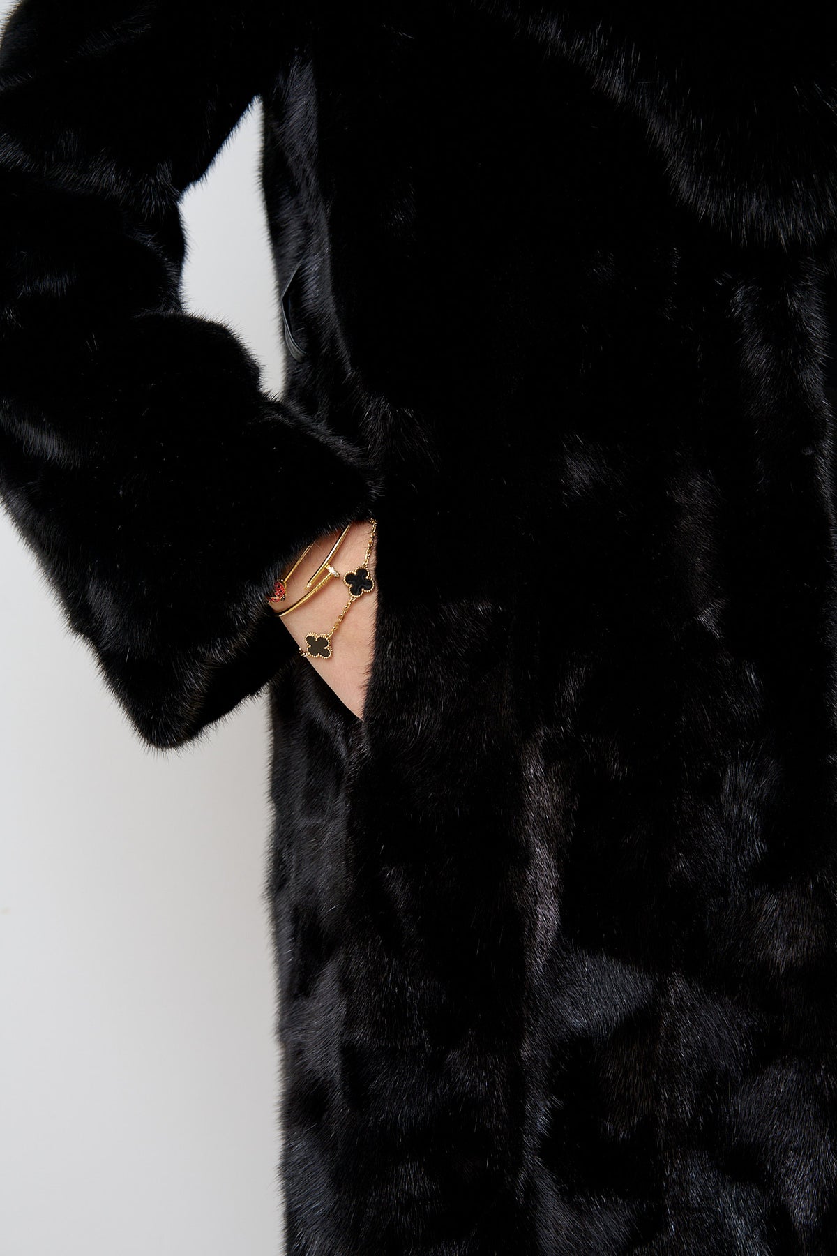 Manteau Long en Fourrure de Vison Naturel avec Col de Renard, Noir, Mareus