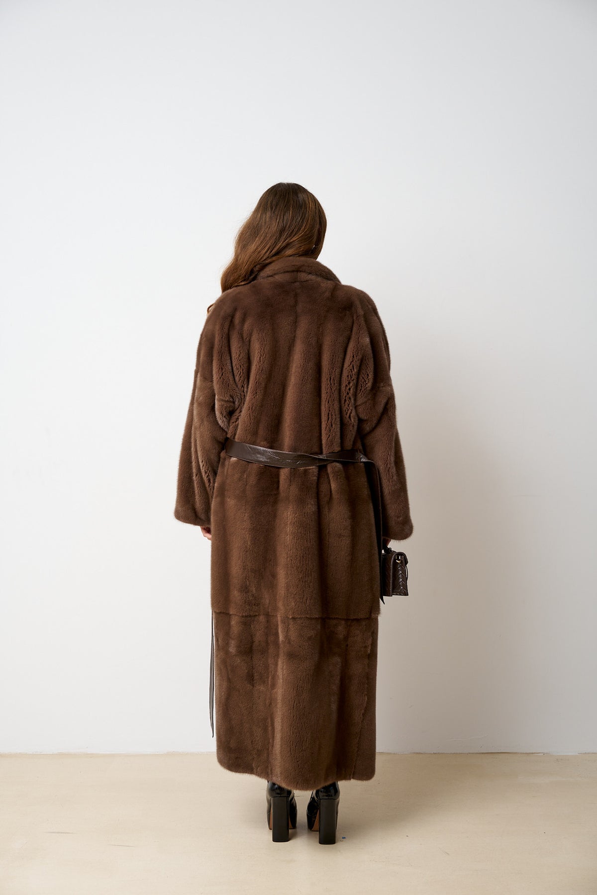 Natural Mink Fur Coat, Shawl Collar, Brown, Mareus