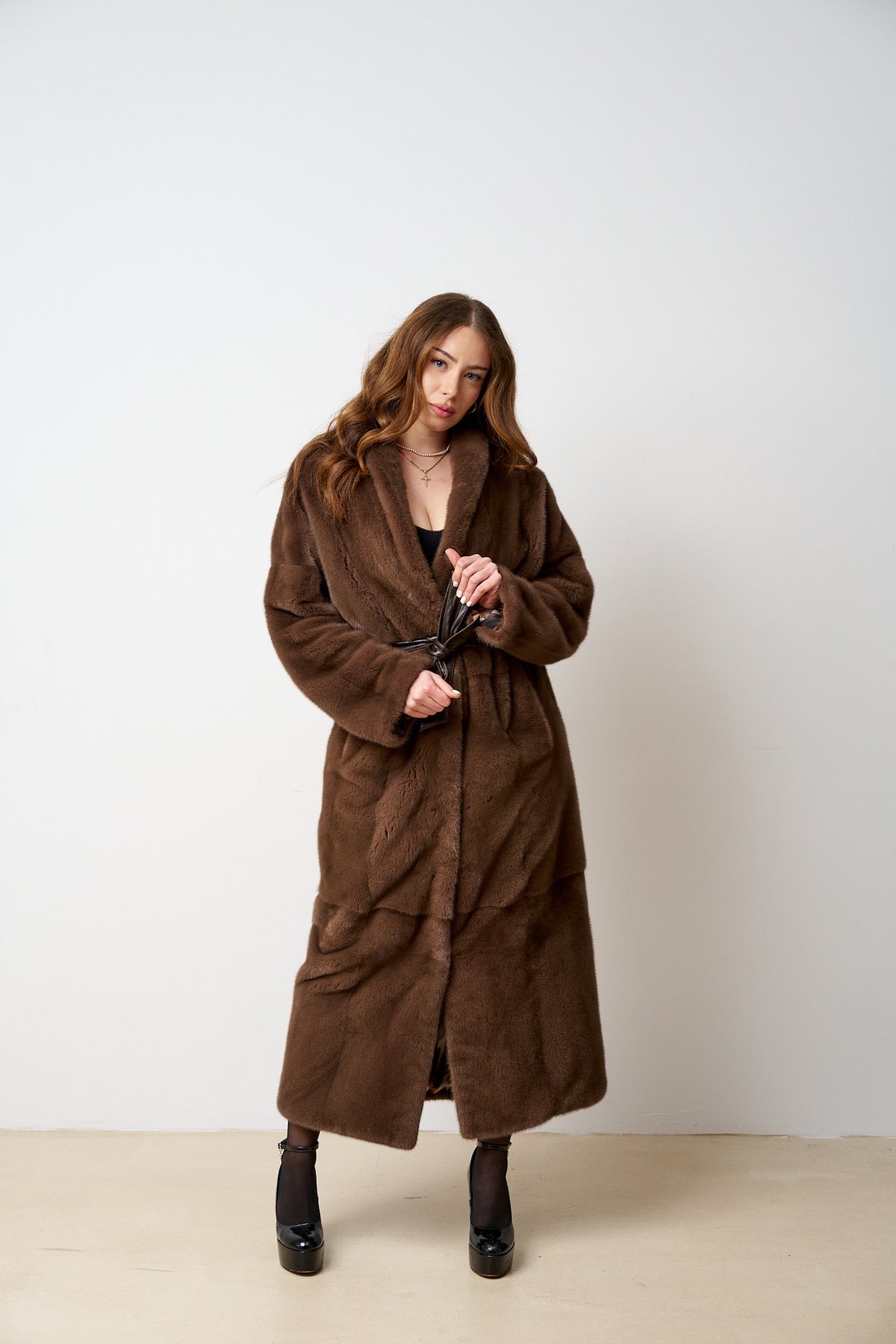 Natural Mink Fur Coat, Shawl Collar, Brown, Mareus