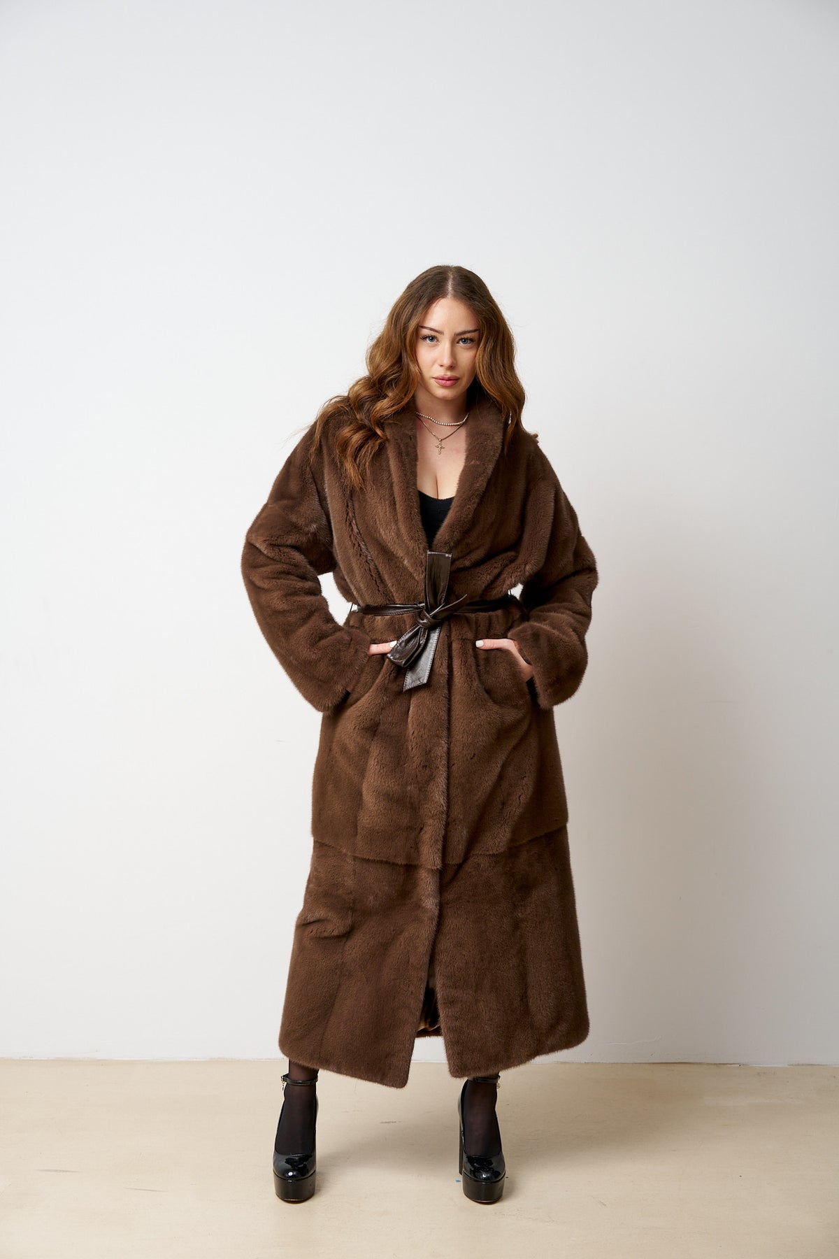Natural Mink Fur Coat, Shawl Collar, Brown, Mareus