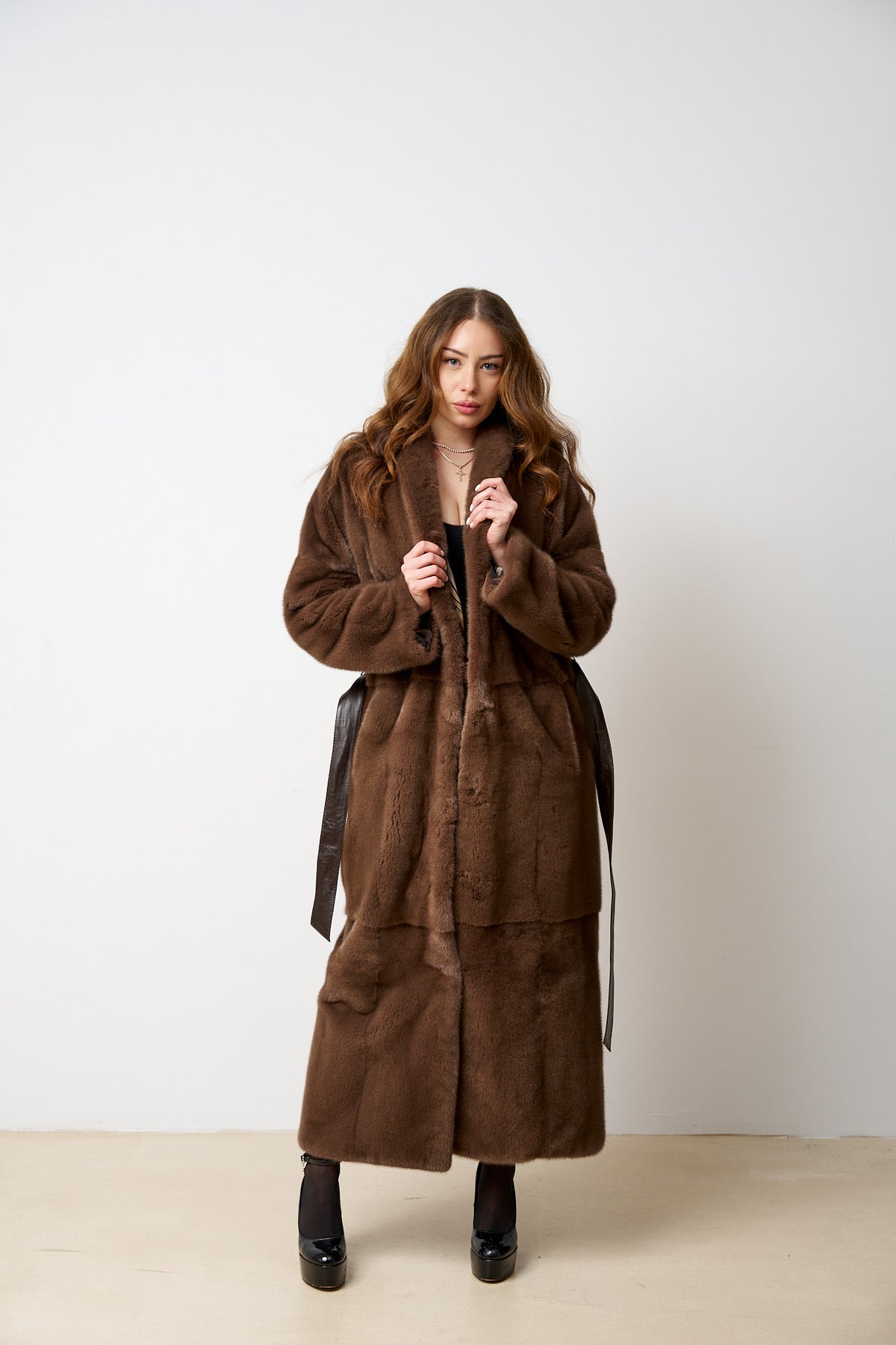 Natural Mink Fur Coat, Shawl Collar, Brown, Mareus