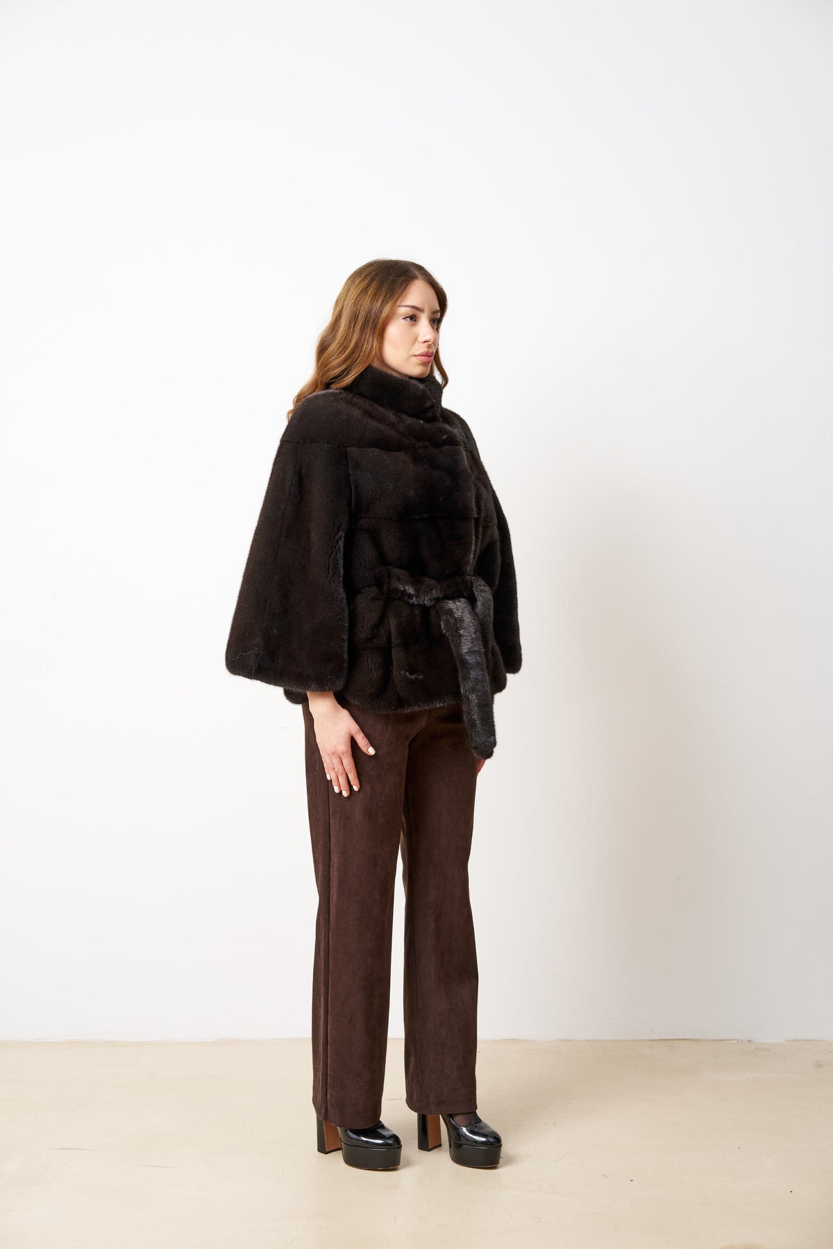 Natural Mink Fur Coat With Drawstring, Women, Olive Brown 514
