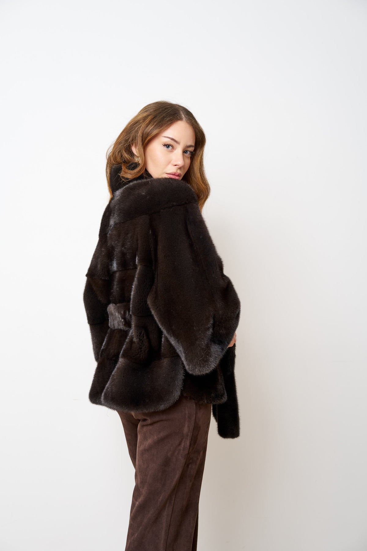 Natural Mink Fur Coat With Drawstring, Women, Olive Brown 514