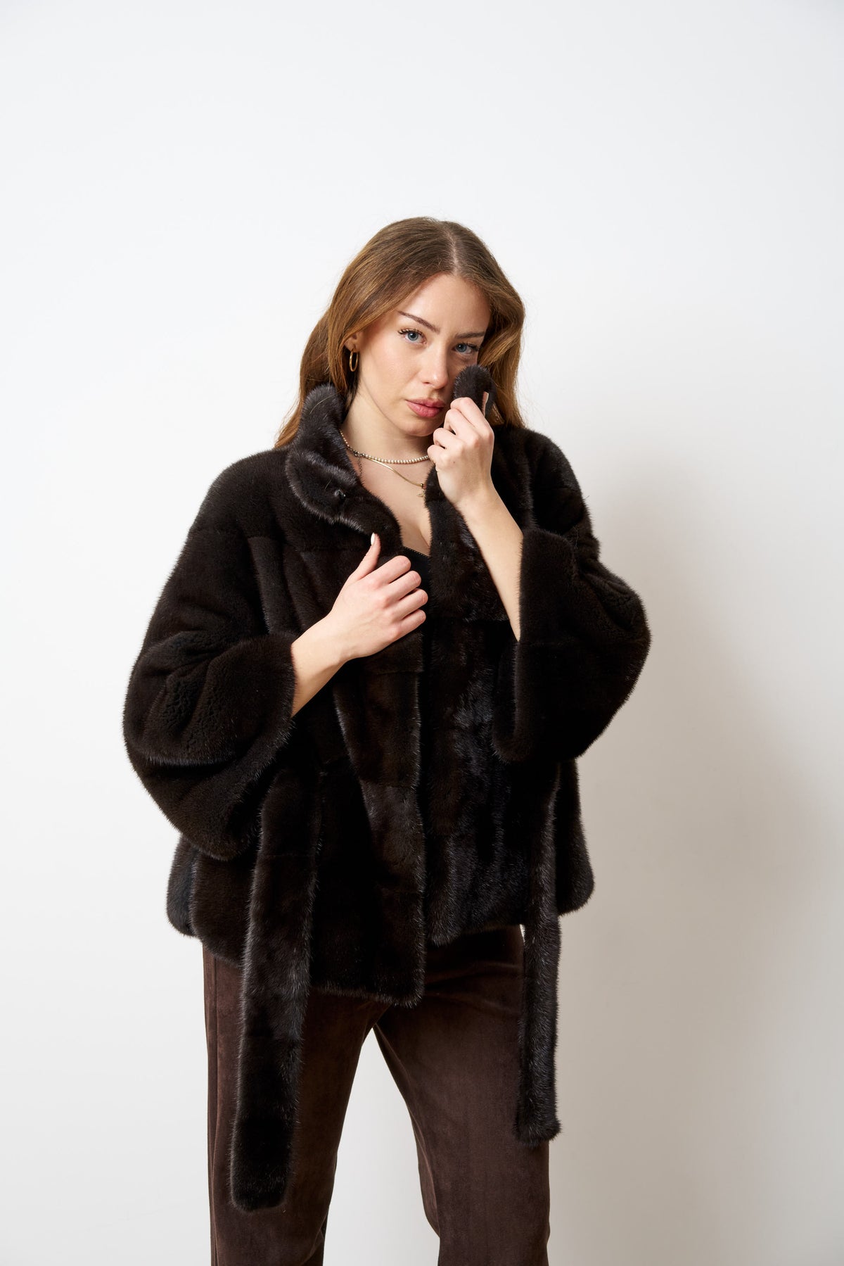 Haină din Blană Naturală de Vizon, cu Cordon, Femei, Olive Brown 514