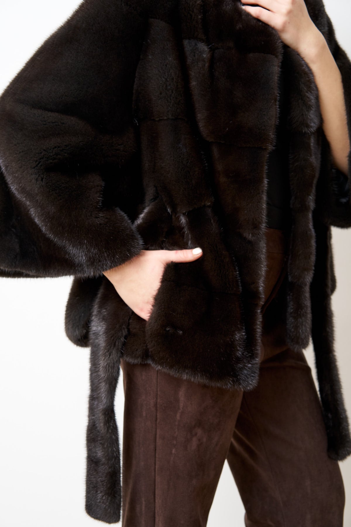 Natural Mink Fur Coat With Drawstring, Women, Olive Brown 514