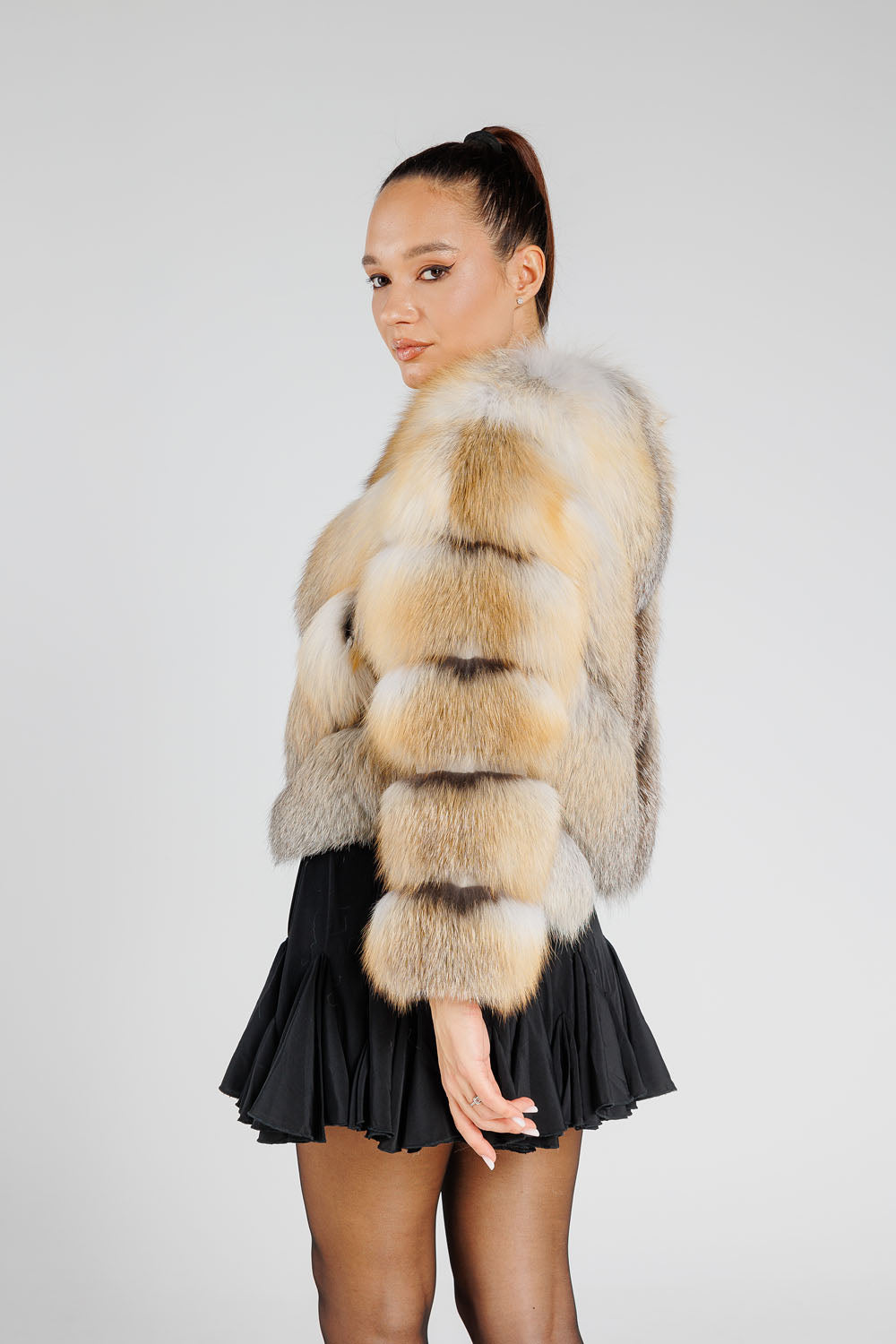 Natural Silver Fox Fur Coat, V Model, Convertible, Women, Gold Frost 377