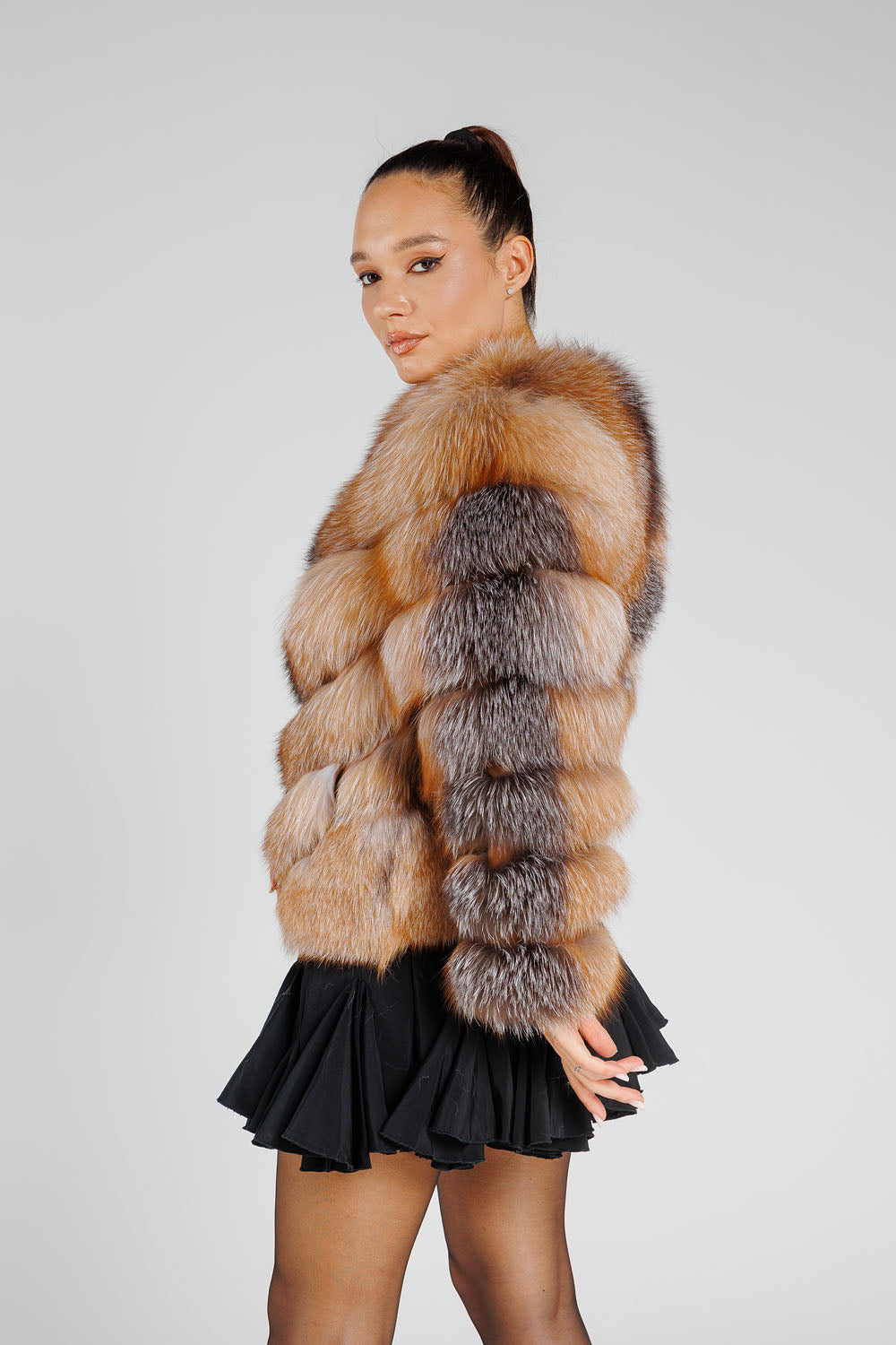 Cappotto in vera pelliccia di volpe, modello a V, donna, Brown Frost 373