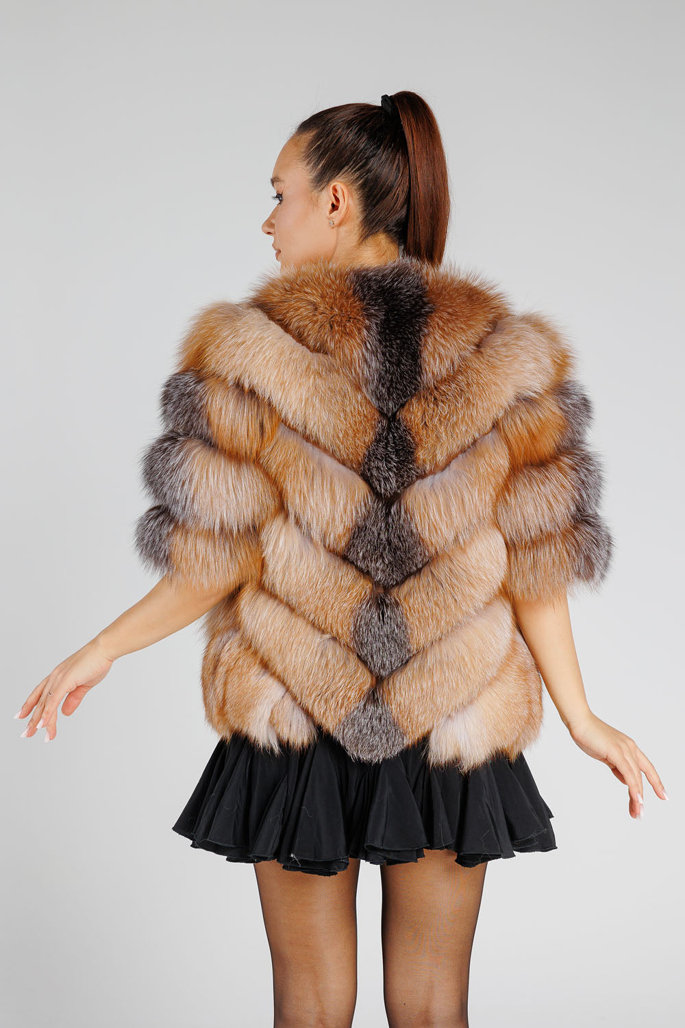 Cappotto in vera pelliccia di volpe, modello a V, donna, Brown Frost 373
