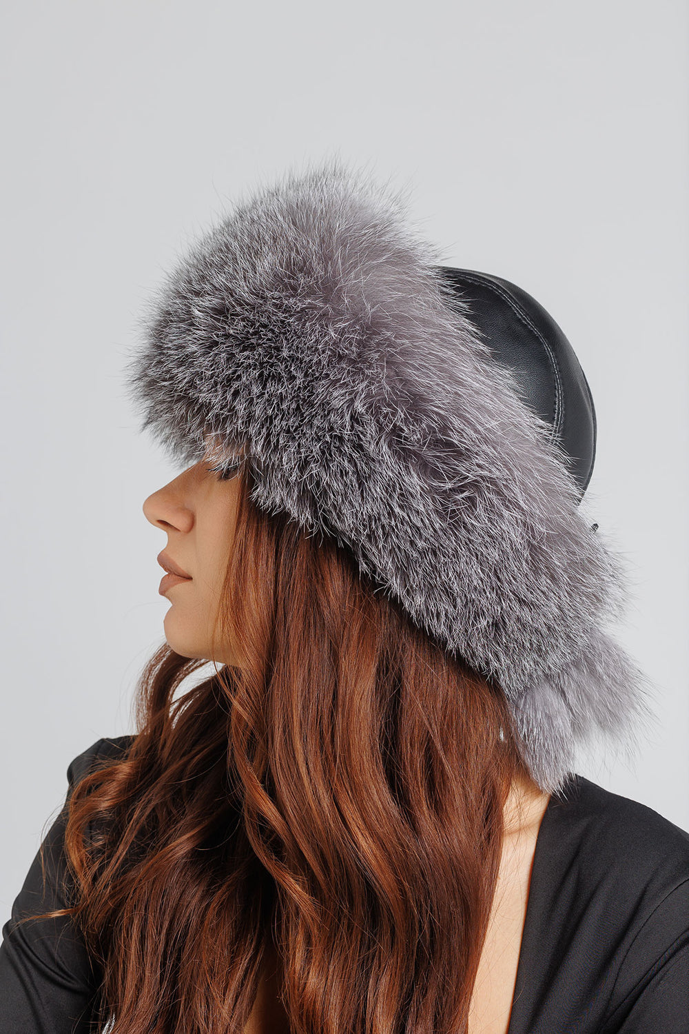 Bonnet en fourrure naturelle de renard, avec calotte en cuir véritable, pour femme, Gris argenté 32
