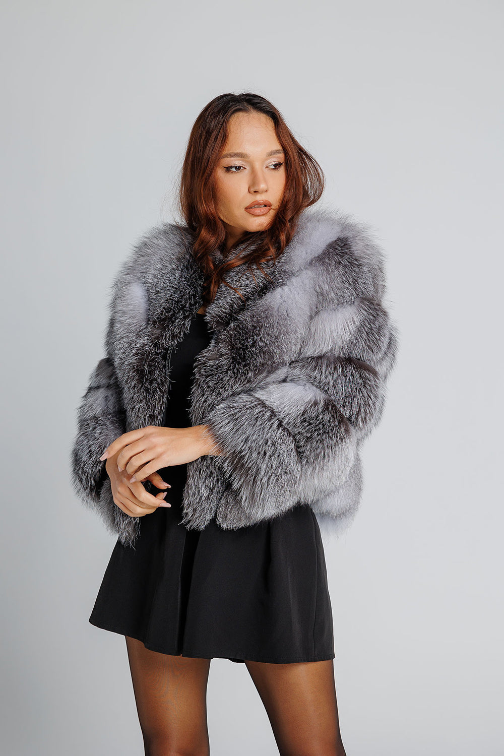 Haină din Blană Naturală de Vulpe Argintie, V Model, Transformabilă, Femei, Grey Frost 349