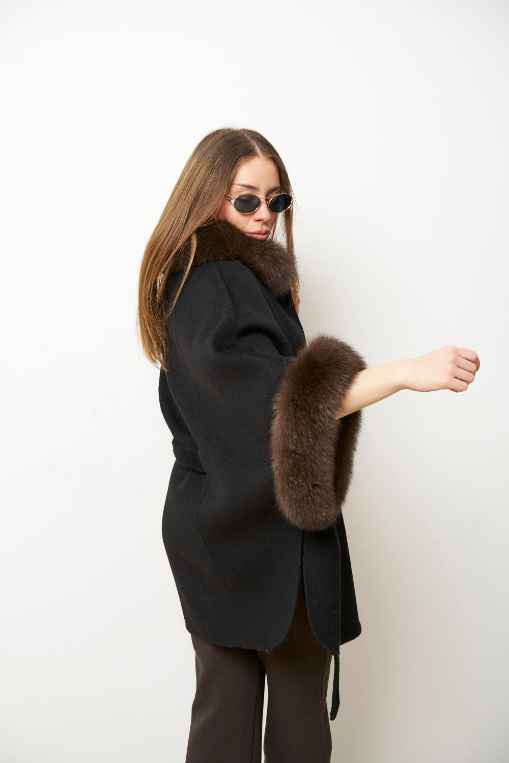 Wool Coat with Fox Fur Collar and Cuffs, Black, Mareus