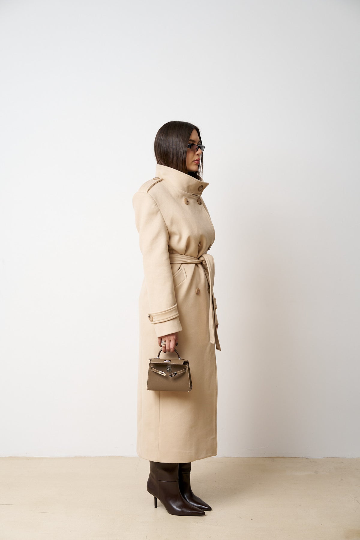 Cappotto Lungo In Lana Con Coulisse, Donna, Beige Sabbia 523