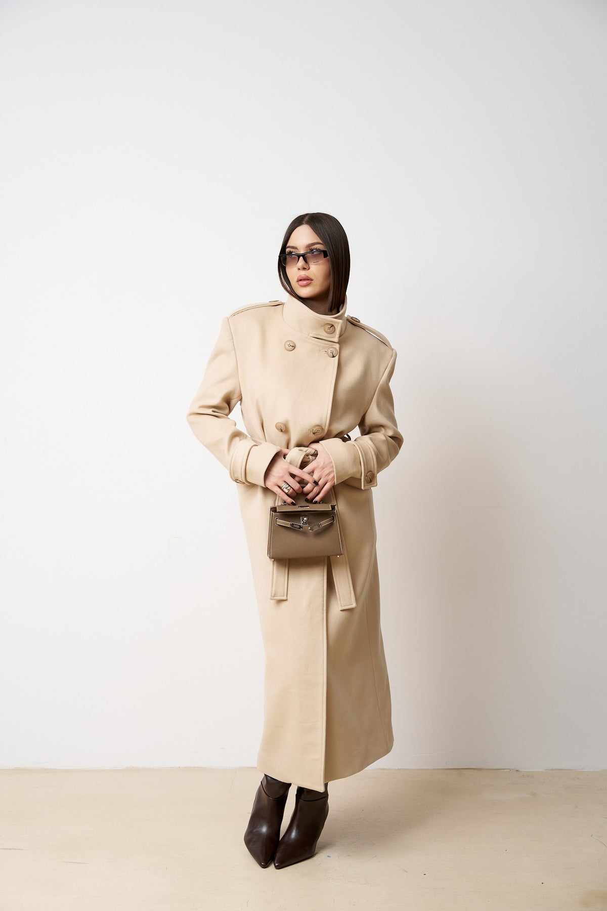 Cappotto Lungo In Lana Con Coulisse, Donna, Beige Sabbia 523