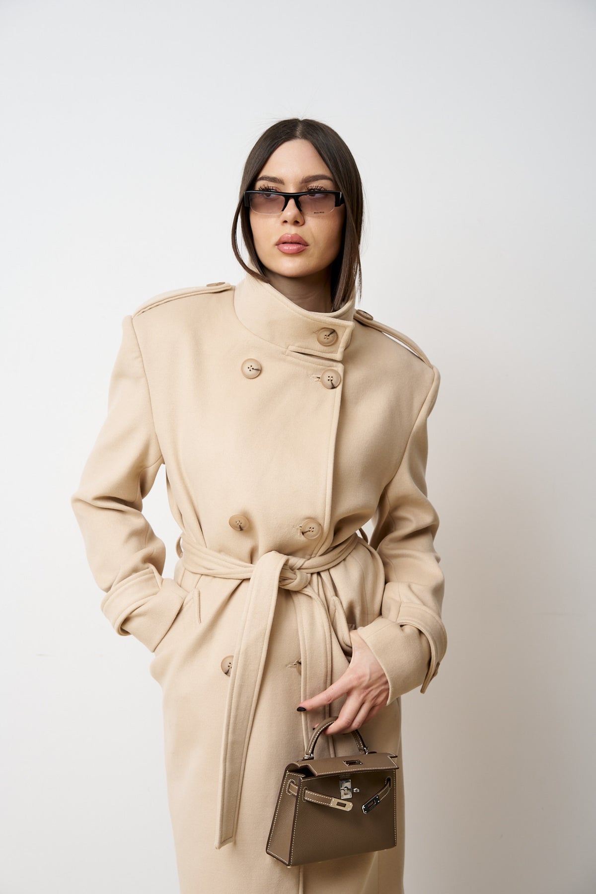 Palton Lung din Lână, cu Cordon, Femei, Sand Beige 523