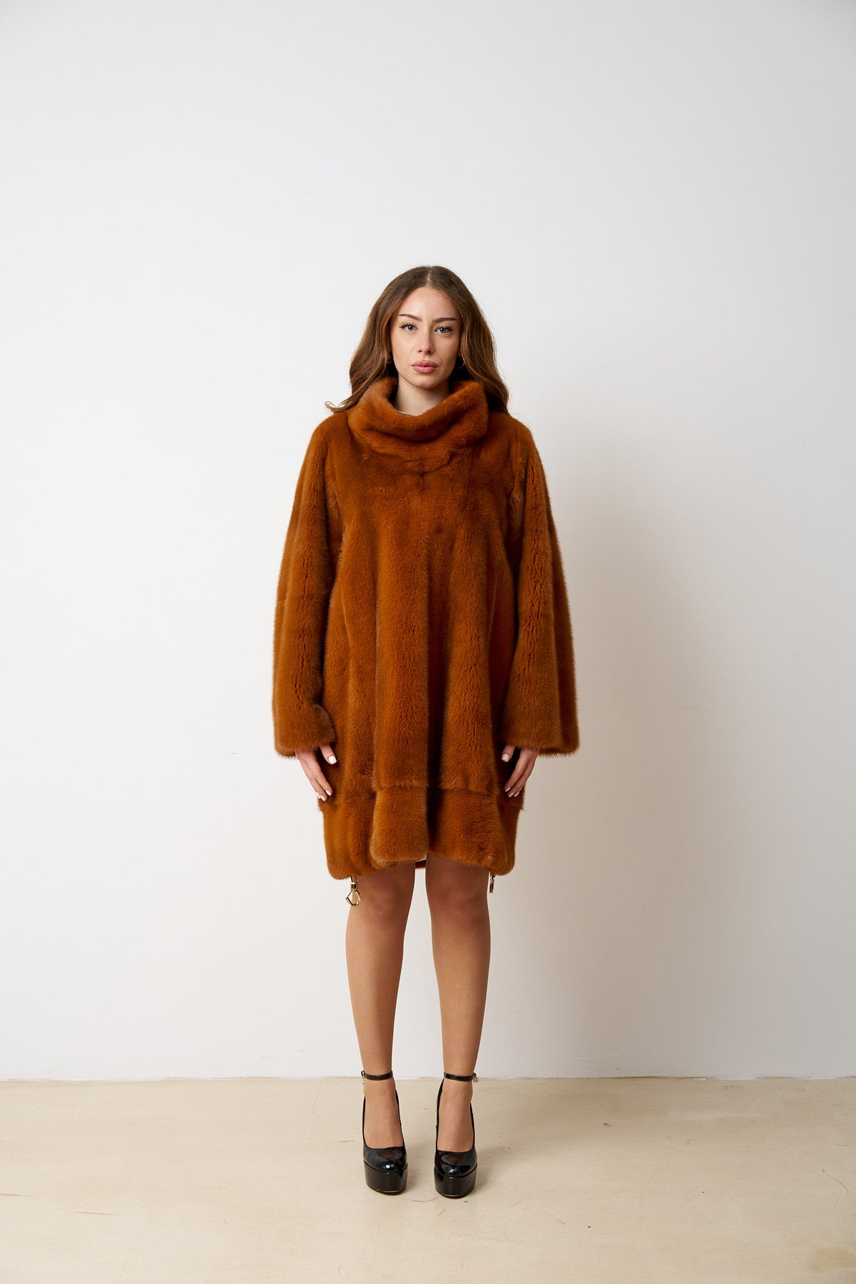 Haină din Blană Naturală de Vizon, Oversized, Amber Cognac 545