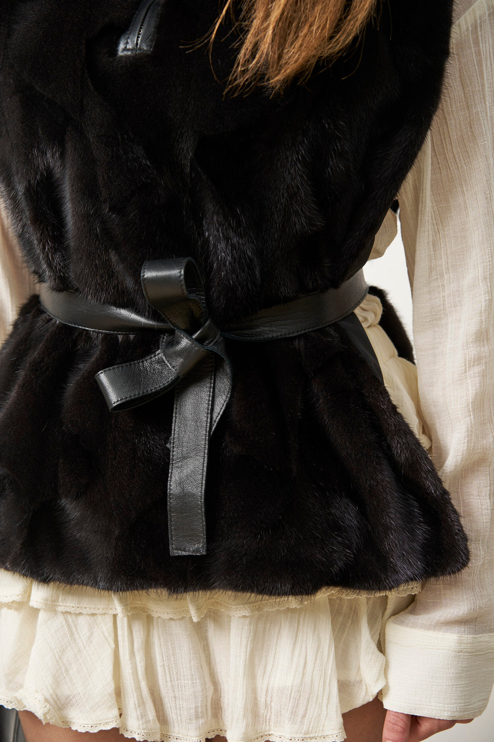 Vestă din Blană Naturală de Vizon pentru Femei, Decupata, Neagra, Mareus