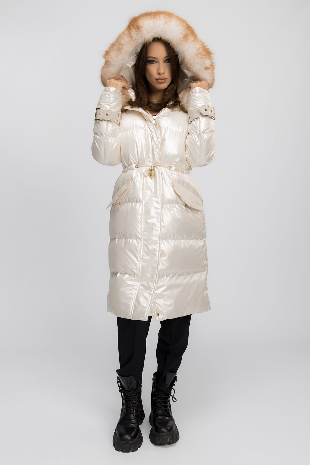 Geacă Parka cu Glugă Detașabilă, Accesorii din Blană Naturală de Vulpe și Piele Naturală, Femei, Ivory Frost 455