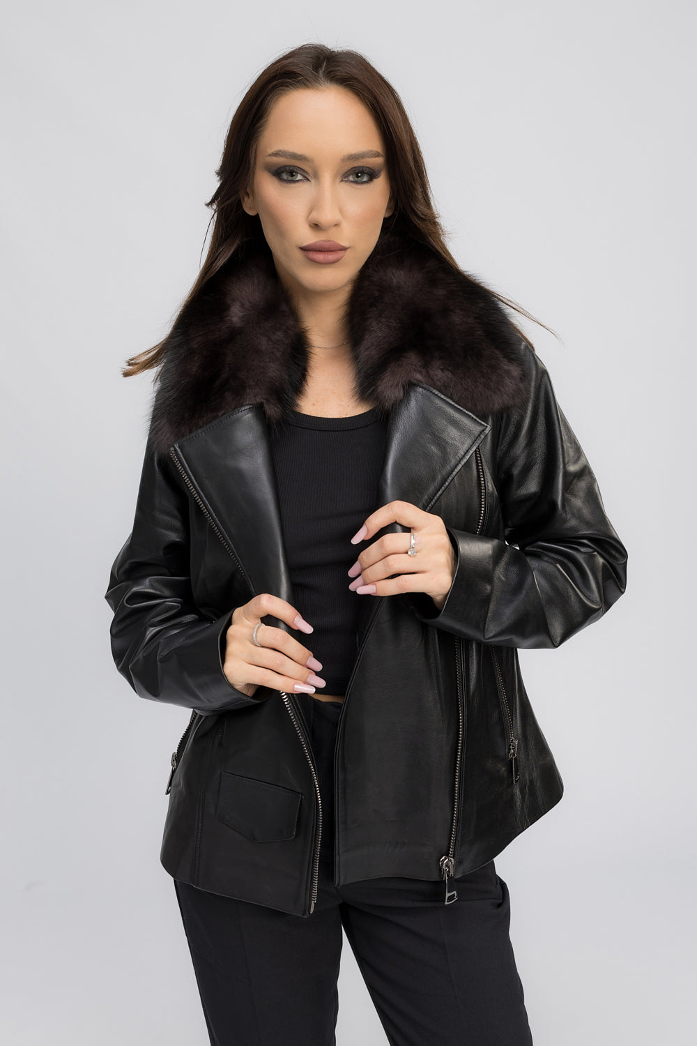 Echtlederjacke mit Fuchspelzkragen, Damen, Obsidian 442
