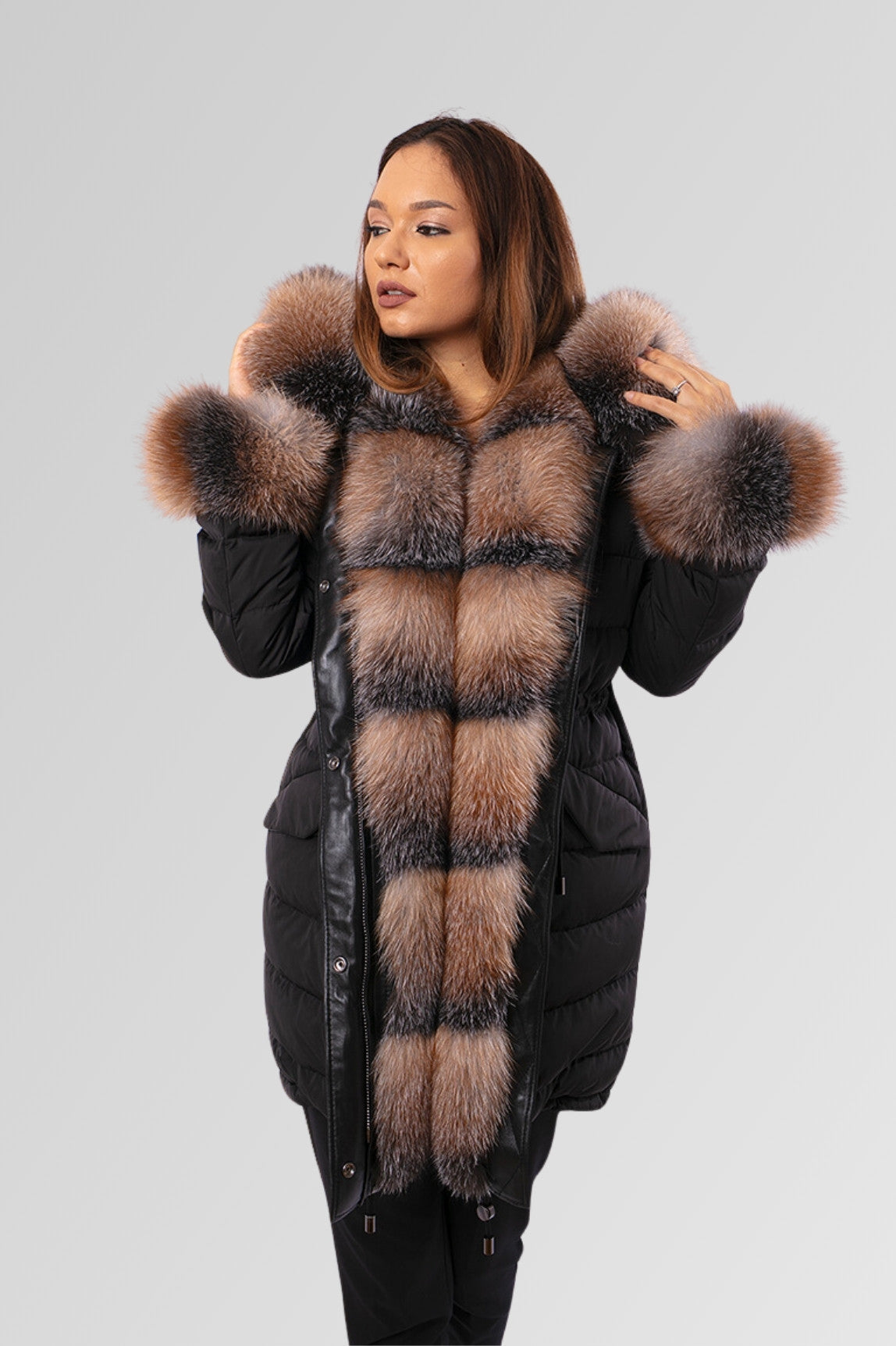 Parka cu blană de vulpe, imbottito in piuma naturale, impermeabile, donna, Obsidian e Brown Frost 150