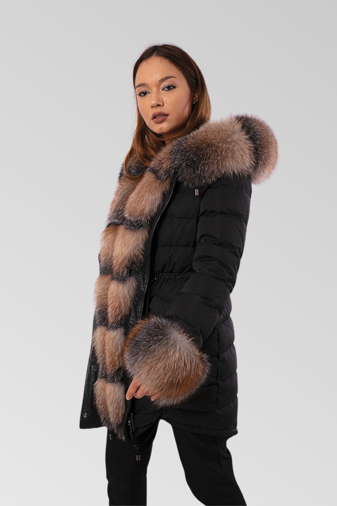 Parka cu blană de vulpe, imbottito in piuma naturale, impermeabile, donna, Obsidian e Brown Frost 150