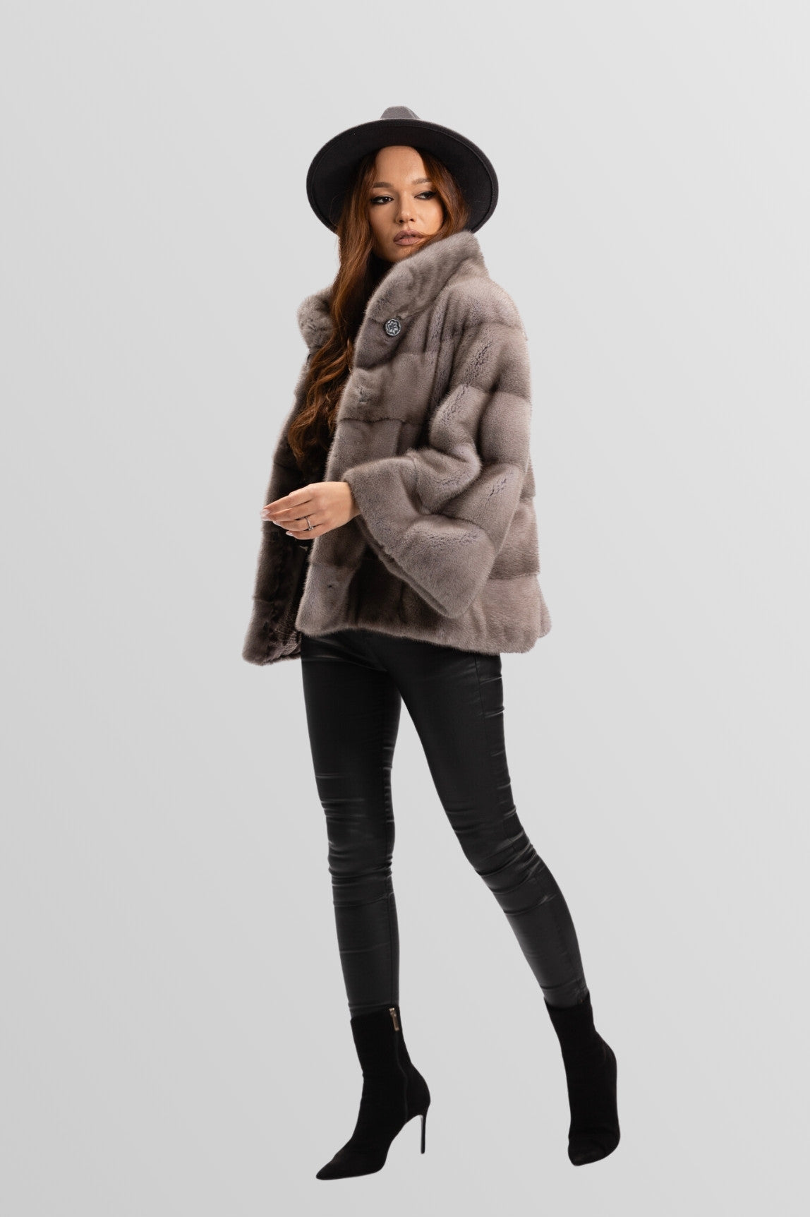 Haină din Blană Naturală de Vizon, Mânecă Clopot, Oversized, Femei, Silver Blue 230