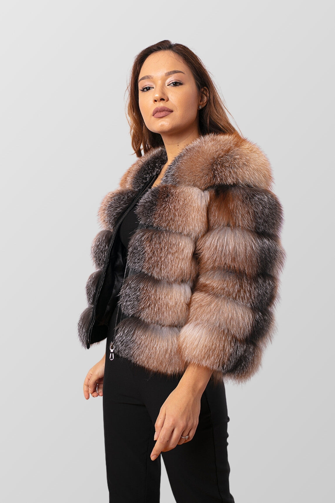 Haină din Blană Naturală de Vulpe, Transformabilă, Femei, Brown Frost 259
