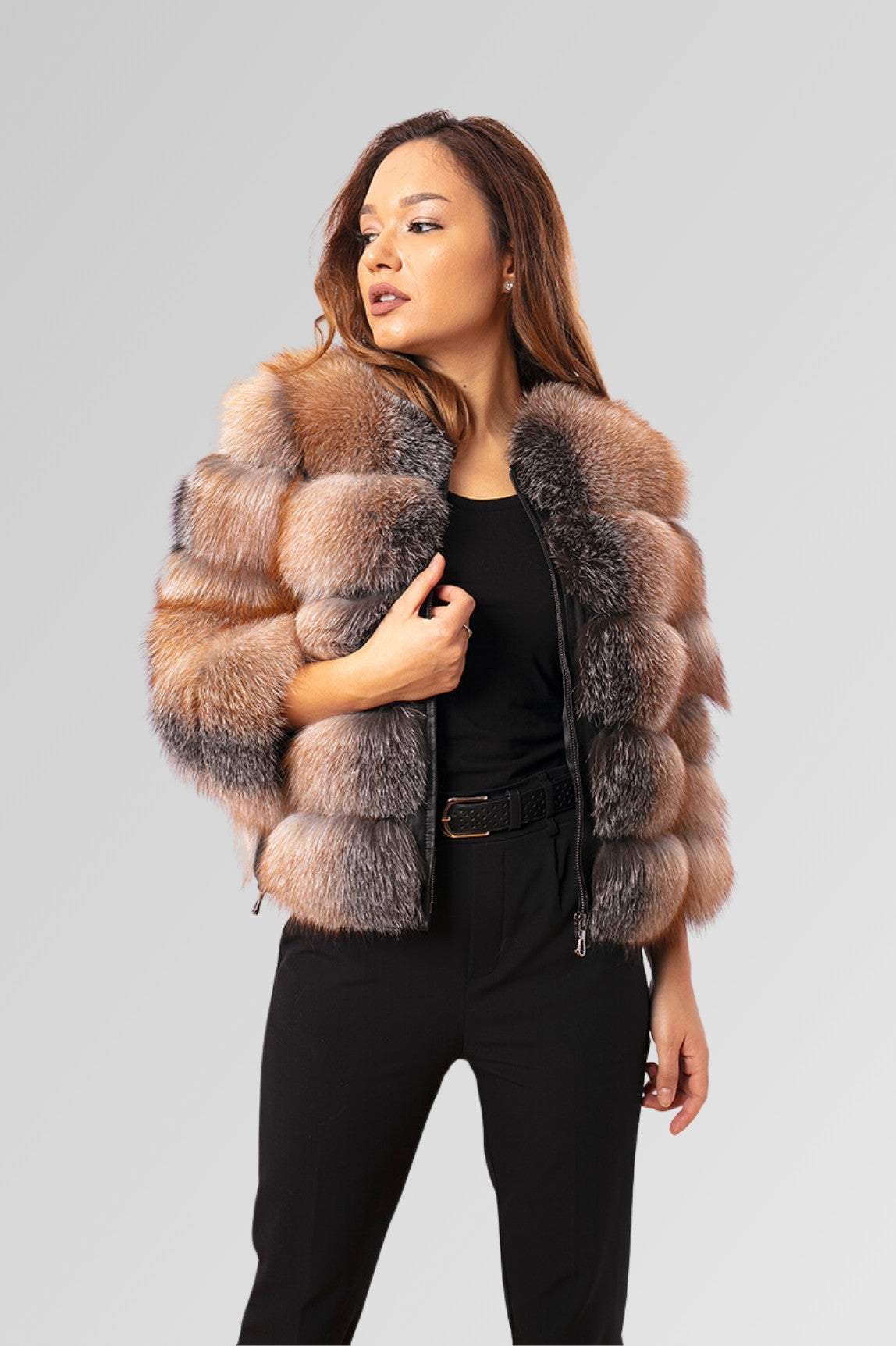 Cappotto in vera pelliccia di volpe, trasformabile, donna, Brown Frost 259