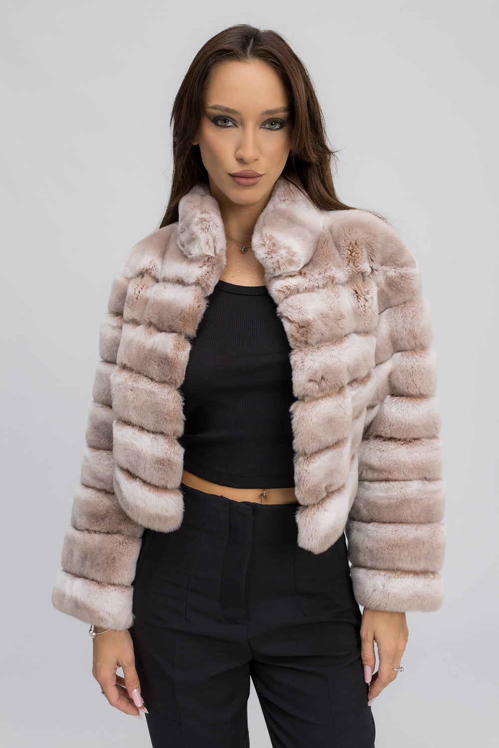 Haină din Blană Naturală de Rex Chinchilla, cu Guler Tunică, Femei, Cappuccino Mist 464