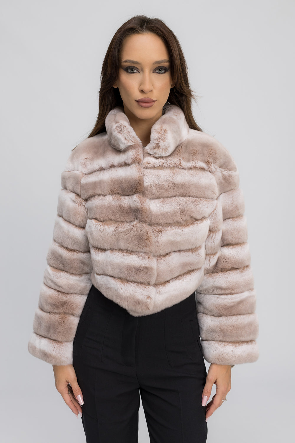 Cappotto in pelliccia naturale di Rex Chinchilla, con colletto alla coreana, da donna, Cappuccino Mist 464