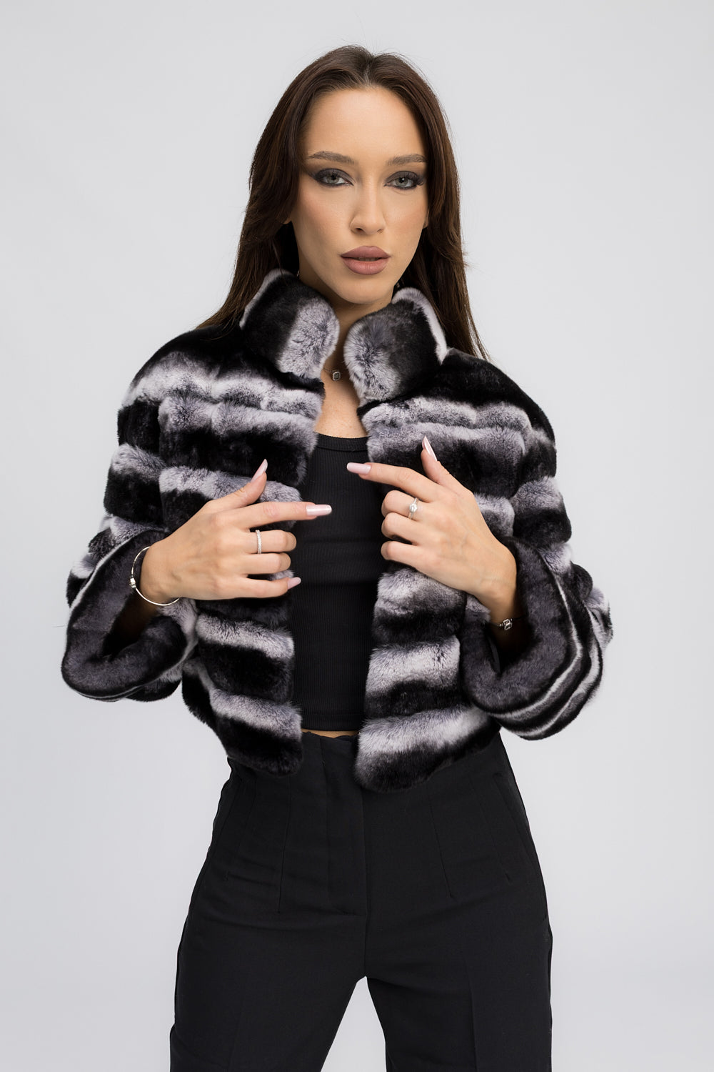 Manteau en fourrure naturelle de Rex Chinchilla, avec col officier, pour femme, Shadow Mist 463