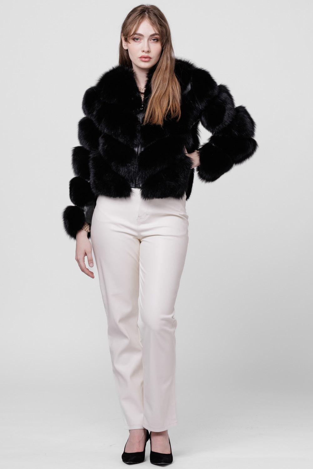 Cappotto in vera pelliccia di volpe, modello a V, trasformabile, donna, zibellino 276