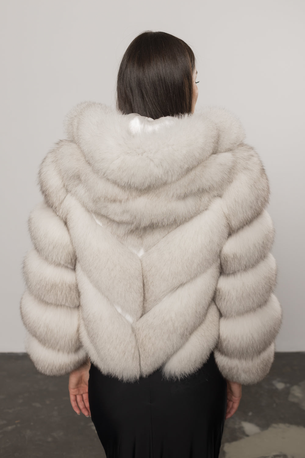 Women's Natural Polar Fox Fur Coat, Convertible, V Model, with Detachable Hood, Natural White 402