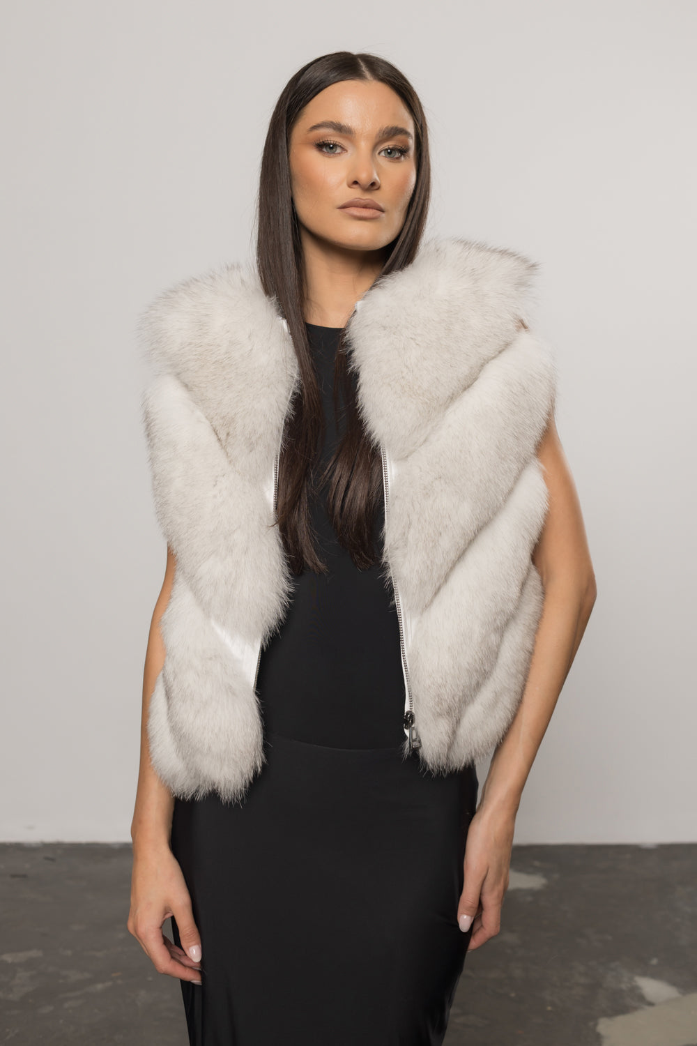 Women's Natural Polar Fox Fur Coat, Convertible, V Model, with Detachable Hood, Natural White 402